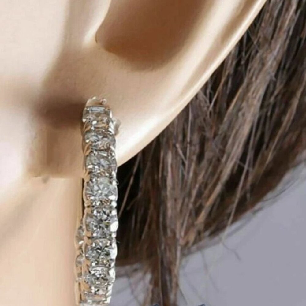 3.50 CT Moissanite Inside Outside Hoop Earrings Round Cut Solid 14K White Gold
